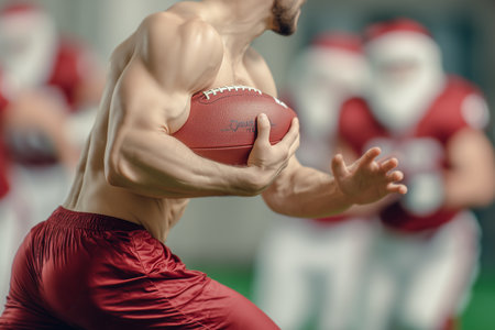 A muscular young Santa Claus is playing rugby with other santas. He runs with a rugby ball side view. Sports Christmas competitions.の素材