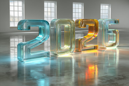 The transparent numbers 2026 glow in various shades, reflecting light in a spacious room. This artwork captures the anticipation of Christmas and New Years Eve celebrations.の素材