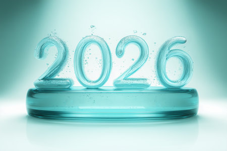 Bright and shining numbers 2026 are displayed, made of transparent glass and surrounded by bubbles. This festive design symbolizes the upcoming Christmas and New Years celebration.の素材