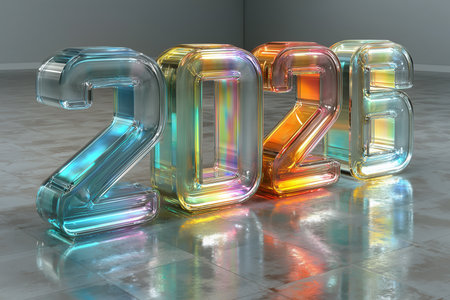 Glimmering numbers 2026 stand on a shiny floor, symbolizing the approaching New Year and Christmas festivities. The colorful glass shines brightly in anticipation of celebration.の素材