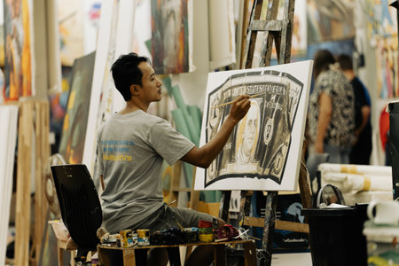 Khao Lak, Thailand, 24 11 2025: An artist works on a large canvas in a lively studio in Thailand. High quality photoのeditorial素材