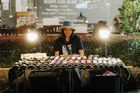 Khao Lak, Thailand, 24 11 2025: Young female vendor sells intricate handmade soap carvings at a...