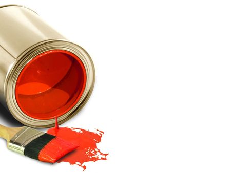 image of Spilled red paint and brushの写真素材