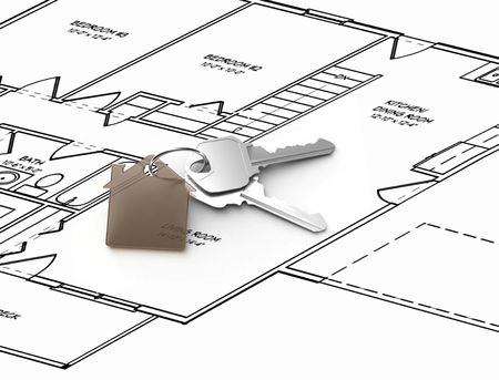 Image of constrution plan and house keysの写真素材
