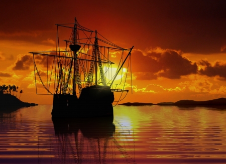 Sailboat near coastline during sunsetの写真素材