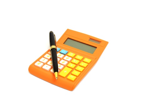 Calculator and pen isolated on white background の写真素材