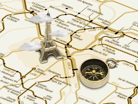 Eiffel tower on a map of Parisの写真素材