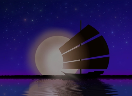 Ship Sailing at Sea with Moonlightの写真素材