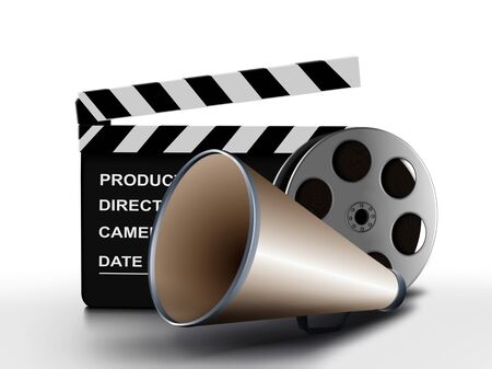 Megaphone and film reel with clapper boardの写真素材