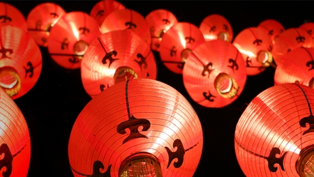 Colorful lanterns at night  Tang Lung  - Chinese New Year decorationsの写真素材