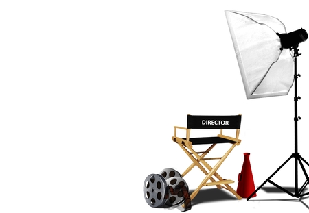 Director chair and equipment over whiteの写真素材