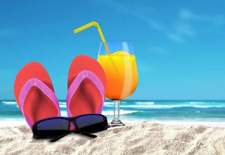 Slipper with sungalsses and orange drinks on a beachの写真素材