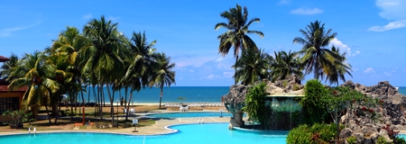 Panoramic view of swimming pool and beachesの写真素材