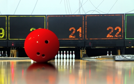 Bowling ball on ten pin laneの写真素材