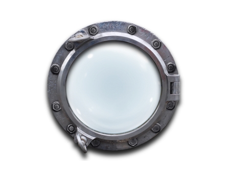Metal porthole over white backgroundの写真素材