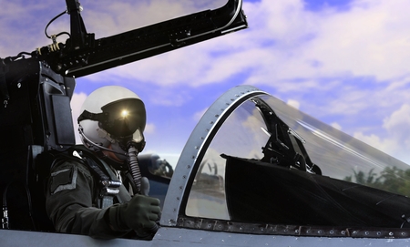Fighter pilot getting ready to take offの写真素材