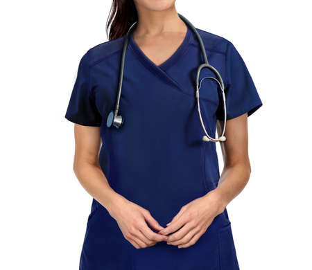 young medical nurse standing isolated on white backgroundの写真素材