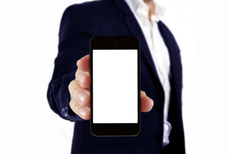Man in suit holding blank smartphoneの写真素材