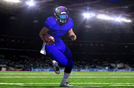 American football quarterback running on fieldの写真素材