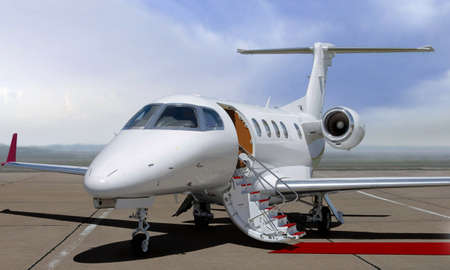 Private jet with red carpet in open airfieldの写真素材