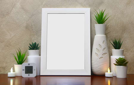 Photo frame with copy space on console table backgroundの写真素材