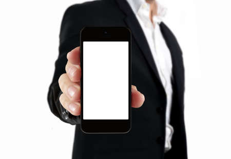 businessman in black suit showing blank screen smartphoneの写真素材
