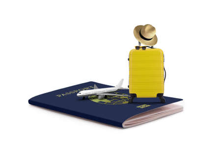 Tourism concept with luggage and planes placed on top of the blue passport over white backgroundの写真素材