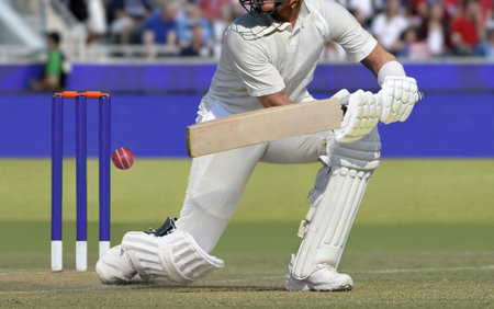 Cricket players batsman hitting ball in a stadium.の写真素材
