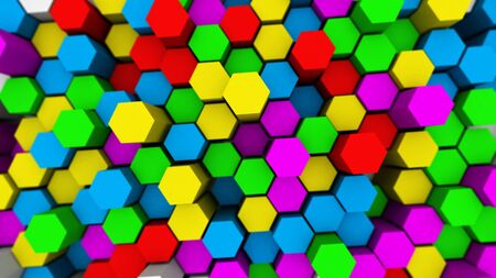 Many abstract colored hexagons abstract background with focus effect