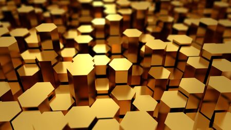 Many golden metal hexagons abstract background with focus effectの写真素材