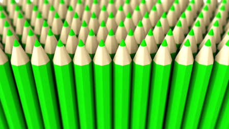 A lot of fake green pencils 3d rendered on white background with focus effectの写真素材