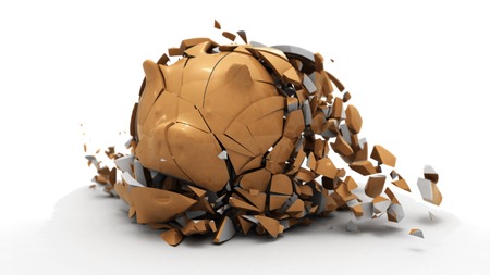 3D rendering of piggy bank collapses after down slow motion simulation on white background