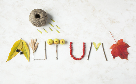 Word autumn written with leaves, apples, berries, tree sticks, nuts and maple leaf. Season concept.の写真素材