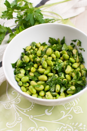 Shelled edamame beans with parsley saladの写真素材