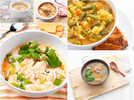 Collage with different meat and vegetables soups horizontalの写真素材