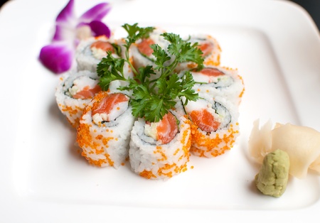 Salmon cucumber maki roll sushi plateの写真素材