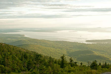 Morning fog over forest and lake landscapeの写真素材