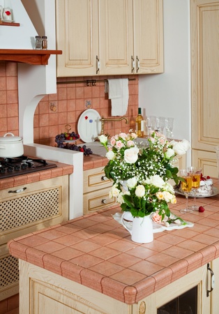 Beautiful kitchen interior with flowersのeditorial素材