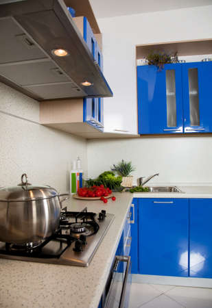 Blue kitchen interior with light のeditorial素材