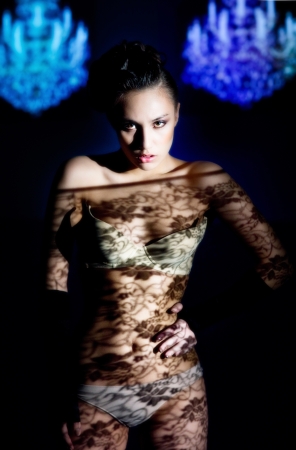 Beautiful slim brunette in lingerieの写真素材