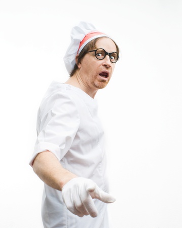 Frightened chef on white backgroundの写真素材