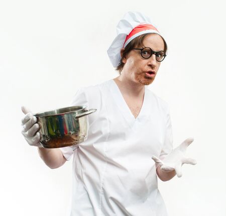 Funny chef with pan on white backgroundの写真素材