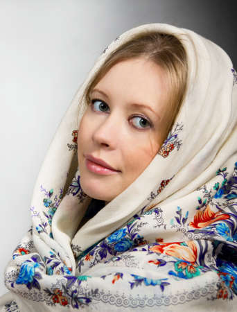 Portrait of russian beauty in the shawlの写真素材