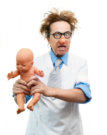 Crazy pediatrician holding a babyの写真素材