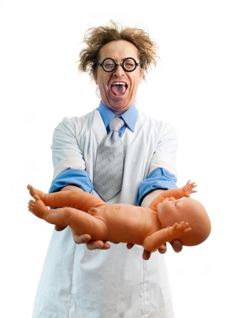 Funny pediatrician holding a babyの写真素材