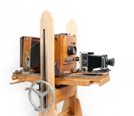 Two retro cameras of handmade on white backgroundの写真素材
