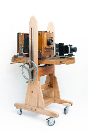 Two retro cameras of handmade on white backgroundの写真素材
