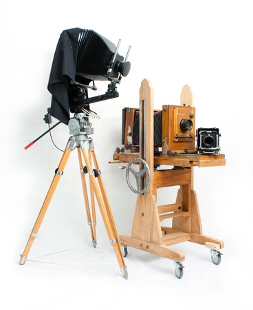 Three retro cameras on white backgroundの写真素材
