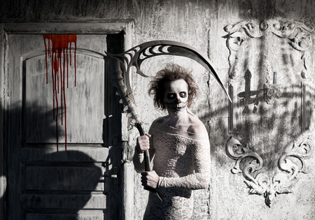 Scary ghost a scythe in the old houseの写真素材