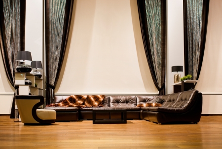 Leather brown sofa in a modern interiorのeditorial素材